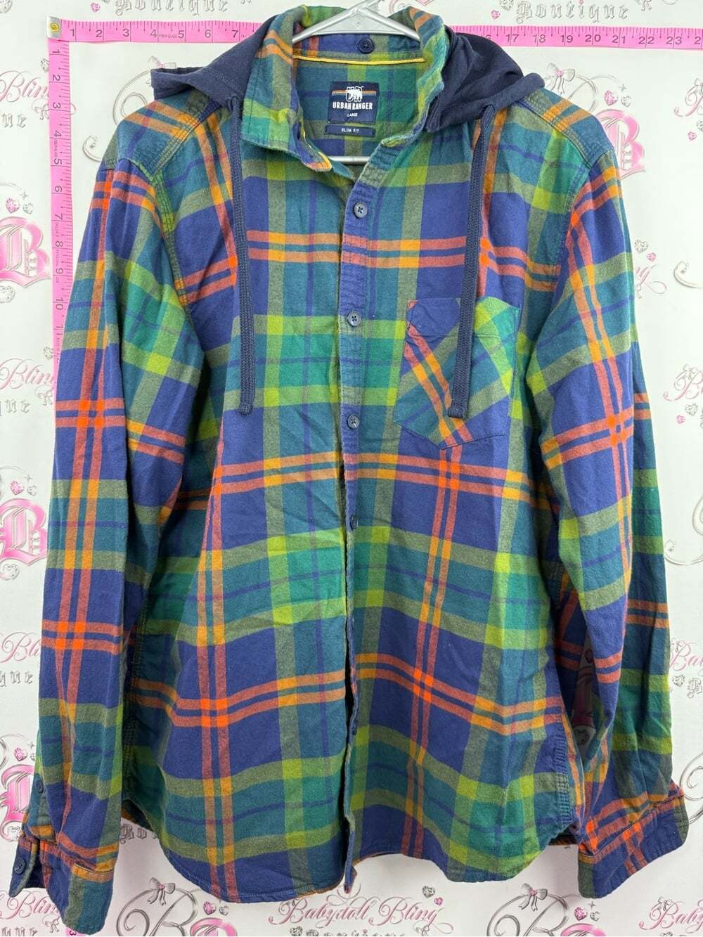 Urban Ranger top Men’s Plaid Button-Down Shirt with Hood - Blue & Green